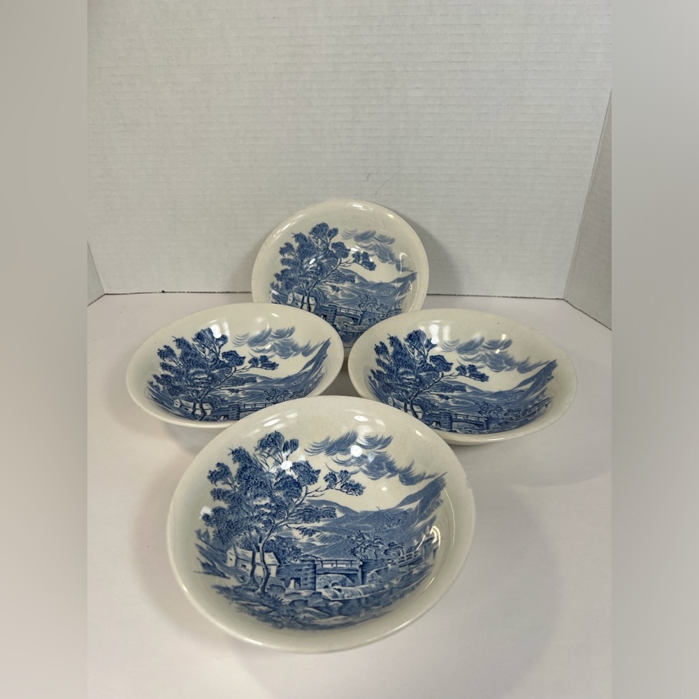 Vintage Enoch Wedgwood Countryside Blue White Transferred Dessert Bowls Set 4